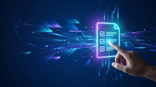 Digital document management and online form submission with futuristic glowing interface