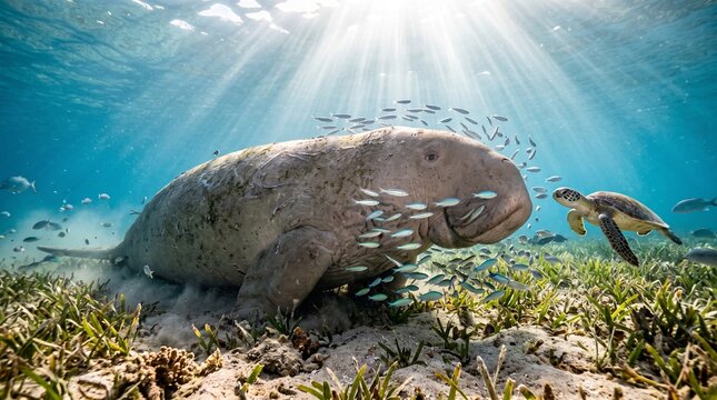 Dugong swimming underwater with fish and turtle in sunlight
