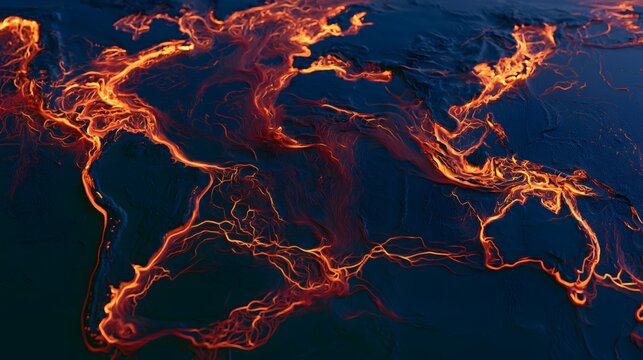 Cinematic 3D Visualization of Glowing Molten Ocean Currents and Thermal Energy Flowing Across Sea Floor