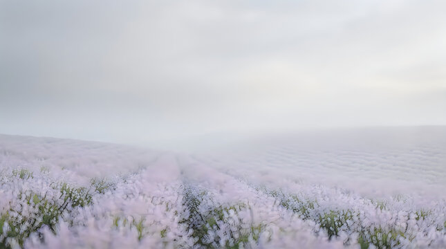Vast lavender field stretching towards the horizon under a soft hazy sky creating a peaceful and serene landscape