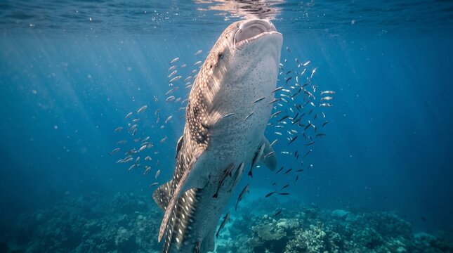 Whale shark swimming with fish in clear ocean waters