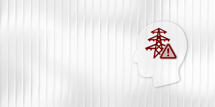 Conceptual illustration of a human head silhouette featuring an electric power pylon and alert triangle inside, representing electrosmog, electromagnetic sensitivity, and energy grid anxiety.