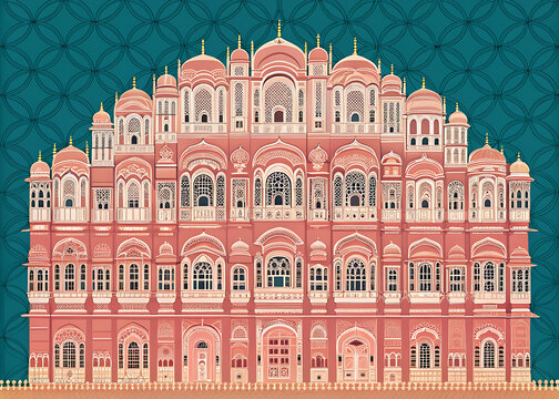 A detailed vector facade of the Hawa Mahal in coral pink and rose, showcasing hundreds of windows, set against a rich teal and gold backdrop.