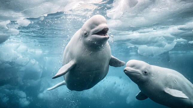 Two playful beluga whales swimming in icy Arctic waters