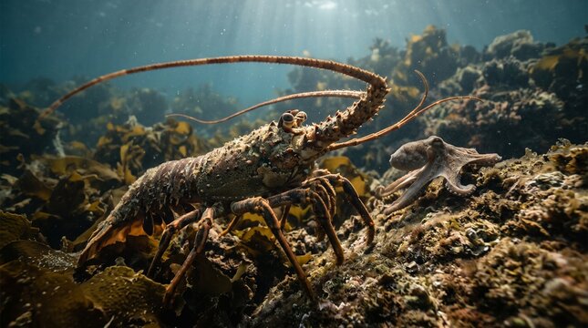 Underwater scene with lobster and octopus on rocky seabed