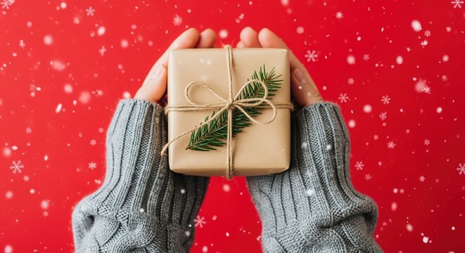 Hands in gray gloves hold a kraft paper gift with twine and green sprig against a red background. Snowflakes and bokeh lights create a festive holiday atmosphere for seasonal campaigns.