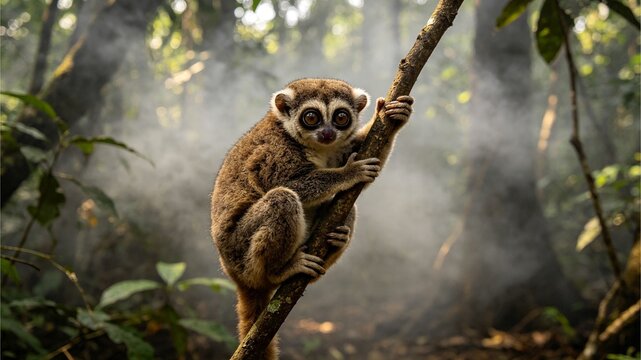 Slow Loris Clinging to Tree Branch Amidst Smoky Forest Hazard
