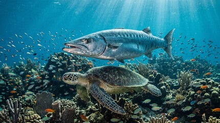 Fototapeta premium Underwater scene with barracuda and sea turtle among coral reefs