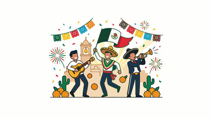 Naklejka premium Vector illustration of Mexican men celebrating Independence Day with a flag, guitar, and trumpet, featuring festive papel picado, fireworks, and a colonial bell tower background.