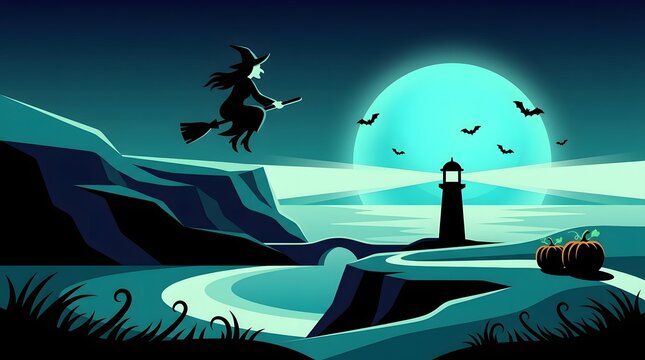 Mystical nighttime scene with a witch flying over a rocky coastline and glowing moon