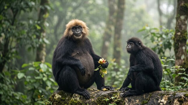 Two langur monkeys sitting on a mossy rock in a lush forest