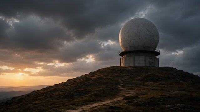 Remote Radar Station on Hill Under Dramatic Storm Clouds