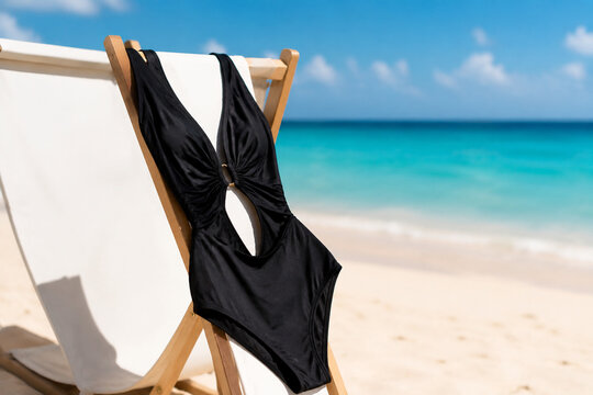 A black monokini draped over a white beach chair by the sea.