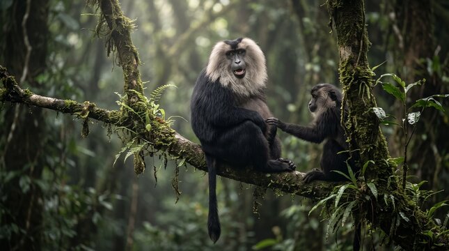 Lion-tailed macaques sitting on a branch in lush rainforest