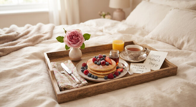 Happy Mothers Day breakfast in bed tray with pancakes, berries, rose flower and greeting card	팬케이크, 베리류, 장미꽃, 축하 카드가 함께 있는 해피 어버이날 침대 속 조식 트레이