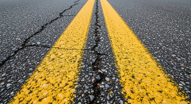 Yellow road markings stretch down a dark asphalt highway, creating a perspective view. The textured pavement shows center lines guiding drivers forward. Perfect for travel and journey content.