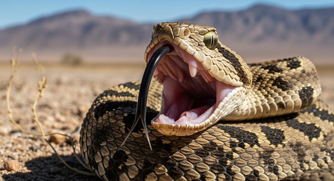 A venomous snake in defensive strike pose with fangs extended and mouth open on sandy desert ground. Detailed scales and markings visible against barren landscape. Perfect for wildlife education.