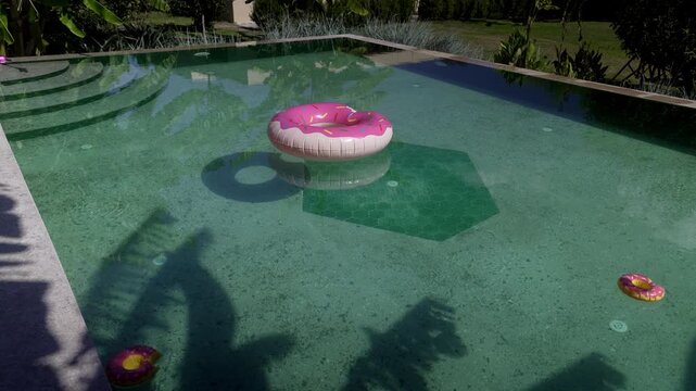 Tranquil backyard pool with floating donut and palm shadows