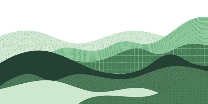 Abstract green hills landscape with wavy layers and geometric textures for modern nature design background art