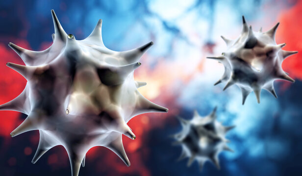 Horizontal or vertical banner with pathogenic bacterias and viruses. Virus under microscope. Fast multiplication of bacteria. Infection and microbe. 3d render
