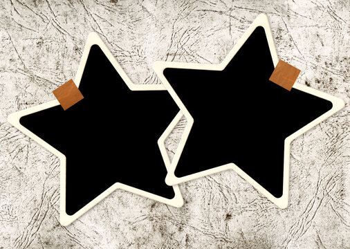 Two star-shaped frame photos with adhesive tape pieces on old paper texture. Pictures album grid for scrapbooking. Vintage style mood board layout. Copy space for your text and photo