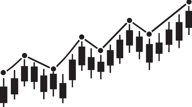 Stock market candlestick chart showing upward financial growth trend line in a black and white vector graphic design illustration format