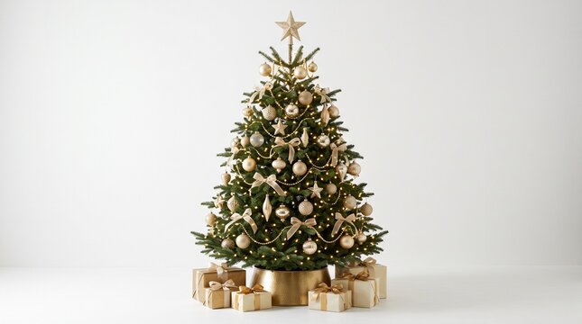 Festive christmas tree decorated with ornaments and gifts on a bright background