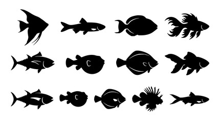 Fototapeta premium Fish set with various silhouettes featuring carp, goldfish, bream with mackerel and flounder