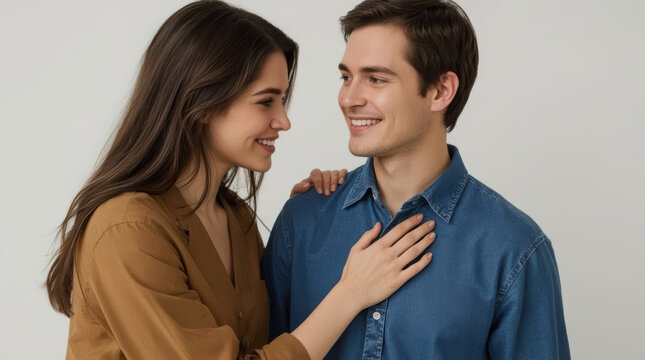 Woman touching partner chest affectionately, smiling couple