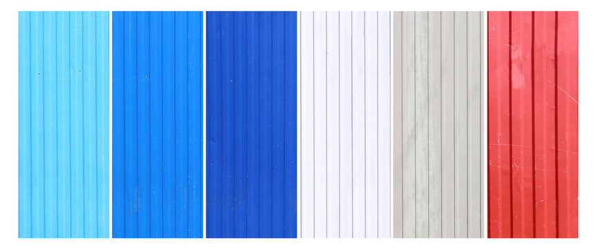 Set of vertical or horizontal banners with Wave Sheets fence of red, blue and cyan colour. Horizontal background with galvanized iron sheets of different color. Colored corrugated metal roofing sheet
