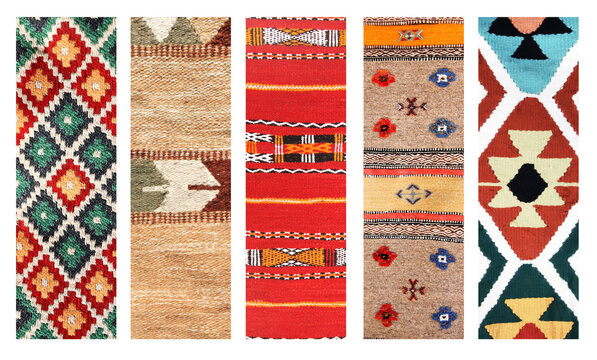 Set of vertical or horizontal banners with textures of berber traditional wool carpet with geometric pattern, Morocco, Africa. Handmade carpets collection. Oriental wool rugs with intricate designs