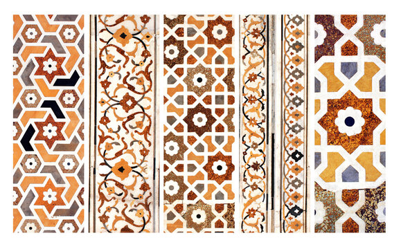 Set of banners with ancient decorative jasper mosaic on marble, India. Beautiful ancient indian decorative mosaic made of colorful jasper gems on white marble. Authentic oriental craftsmanship texture