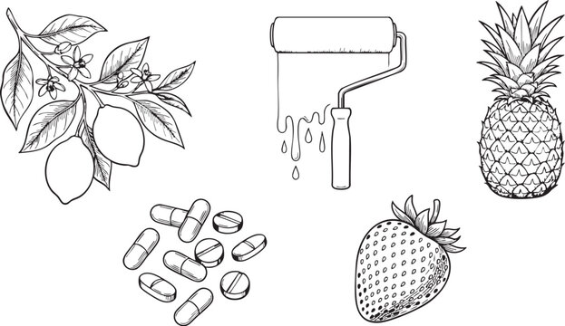 Collection set of monochrome vector illustrations featuring fruits like pineapple strawberry lemon branch medicine pills and paint roller tool elements