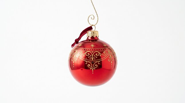 Elegant red christmas ornament hanging from a delicate ribbon on a white background