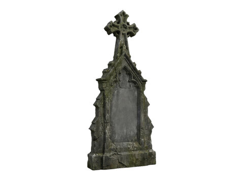 Gothic gravestone tombstone with ornate cross carving and cracked details isolated for spooky designs
