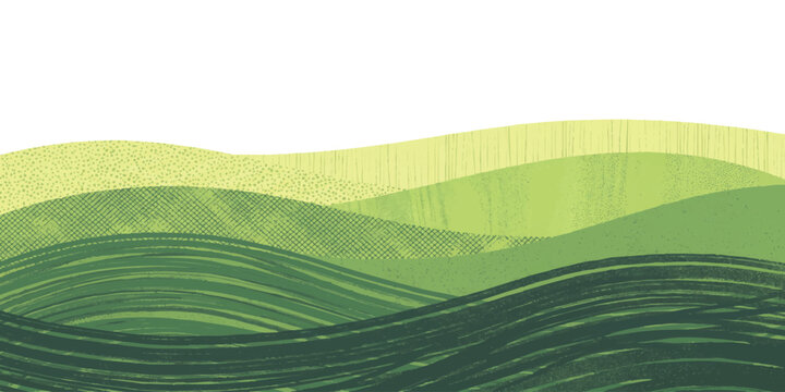 Abstract wavy landscape illustration with rolling green hills and a dark textured road in a simple flat style