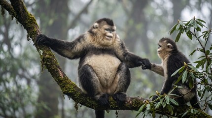 Naklejka premium Golden snub-nosed monkeys perched on mossy tree branch in misty forest