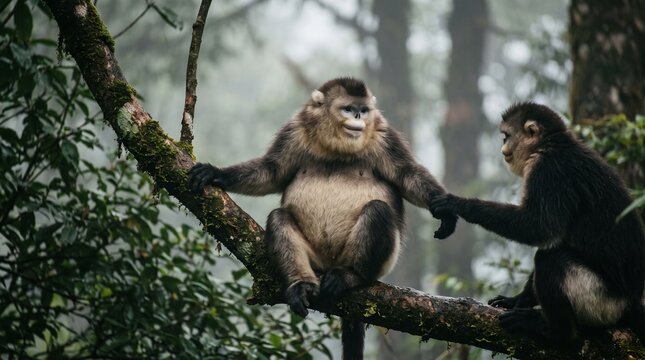 Golden Snub-Nosed Monkeys Interacting on Tree Branch in Misty Forest