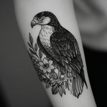 Detailed black and grey fine line tattoo on a forearm with dotwork shading, botanical and geometric elements. Modern blackwork body art for tattoo studios, portfolios and social media.