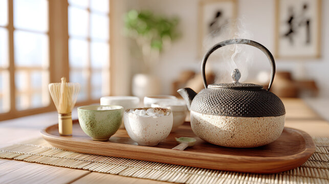 Textured cast iron teapot with assorted tea cups on bamboo tray for japanese tea ceremony background and hospitality banner