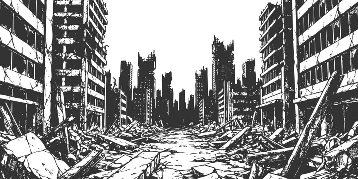 Black and white illustration of a destroyed city street with ruined buildings and rubble after a disaster