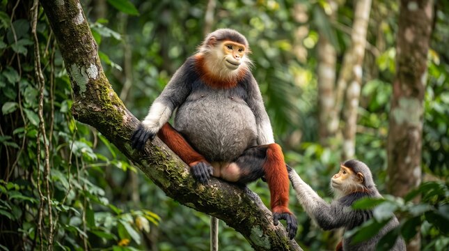 Red-shanked douc langurs in lush green tropical forest habitat