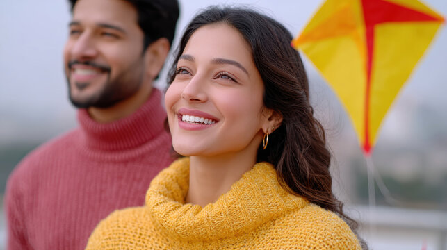 Smiling young woman on a rooftop with a kite during makar sankranti festival portrait for background and banner design
