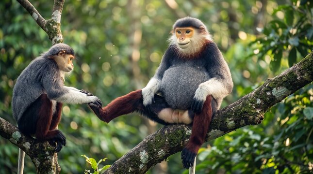 Two red-shanked douc langurs sitting on tree branches in lush forest