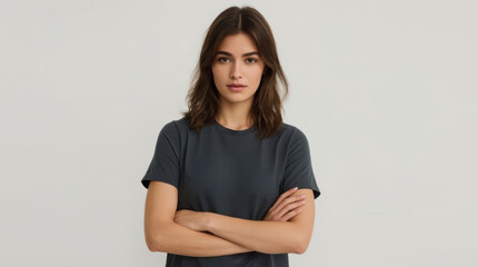 Obraz premium Woman with folded arms wearing dark crew neck shirt against neutral background