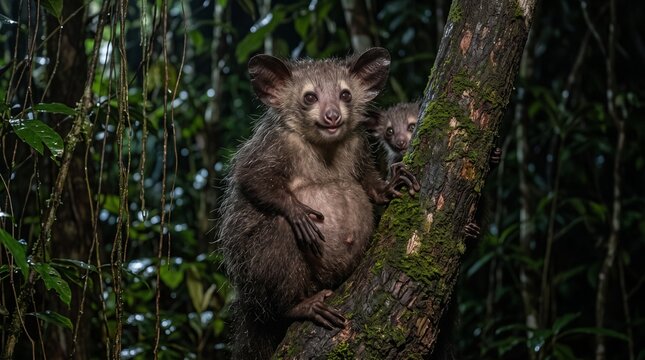 Aye-Aye Lemur with Baby in Dense Madagascar Rainforest at Night