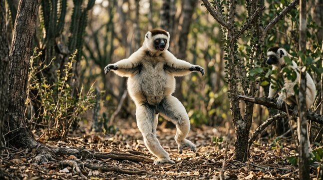 Sifaka lemur dancing in Madagascar forest during daylight
