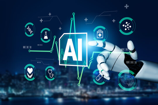 Futuristic Robot Hand Interacting with AI Technology Icons in a Cityscape Background Representing Innovation and Digital Transformation Haptic.
