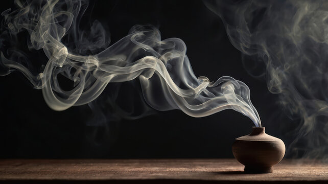Elegant incense smoke rising above ceramic vessel against dark background