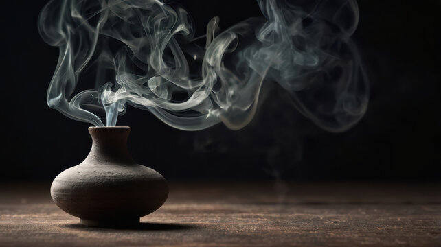 Incense smoke rising from dark ceramic vessel against black background